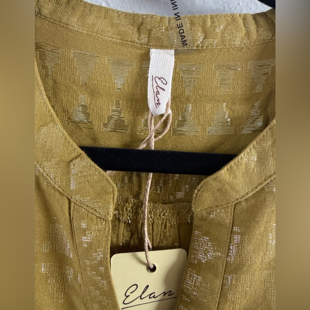 NWT Elan Clara Tiered Babydoll Dress Size S Metallic Gold Mustard Boho Bell Slv - Picture 5 of 8